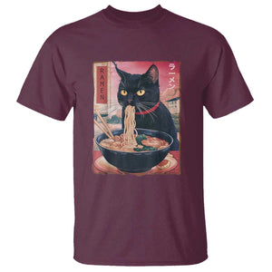 Sarcastic Black Cat Eating Ramen T Shirt Funny Japanese Kawaii Cats Anime Graphic TS02 Maroon Print Your Wear
