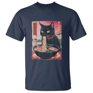 Sarcastic Black Cat Eating Ramen T Shirt Funny Japanese Kawaii Cats Anime Graphic TS02 Navy Print Your Wear