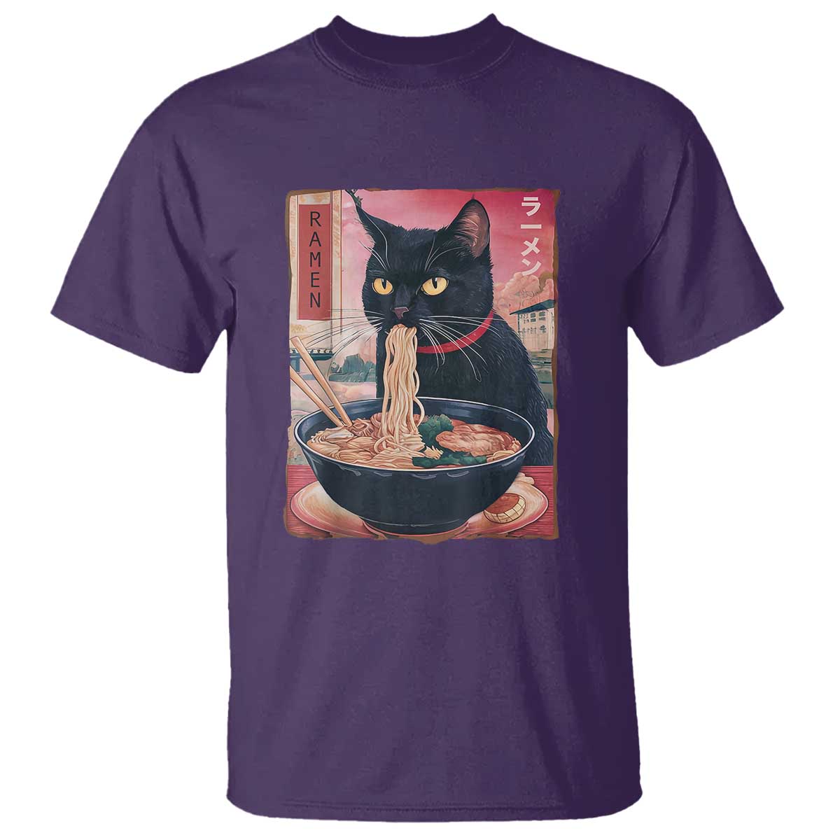 Sarcastic Black Cat Eating Ramen T Shirt Funny Japanese Kawaii Cats Anime Graphic TS02 Purple Print Your Wear