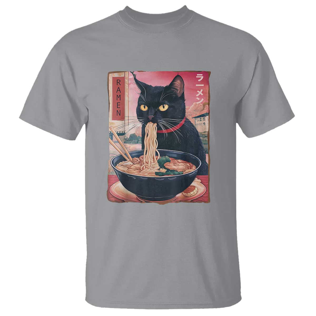 Sarcastic Black Cat Eating Ramen T Shirt Funny Japanese Kawaii Cats Anime Graphic TS02 Sport Gray Print Your Wear