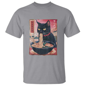 Sarcastic Black Cat Eating Ramen T Shirt Funny Japanese Kawaii Cats Anime Graphic TS02 Sport Gray Print Your Wear
