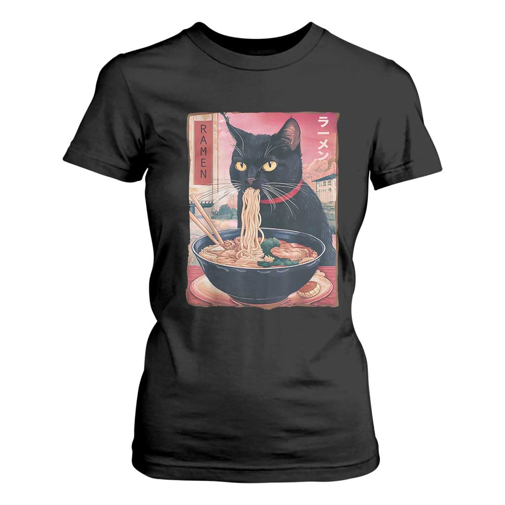 Sarcastic Black Cat Eating Ramen T Shirt For Women Funny Japanese Kawaii Cats Anime Graphic TS02 Black Print Your Wear