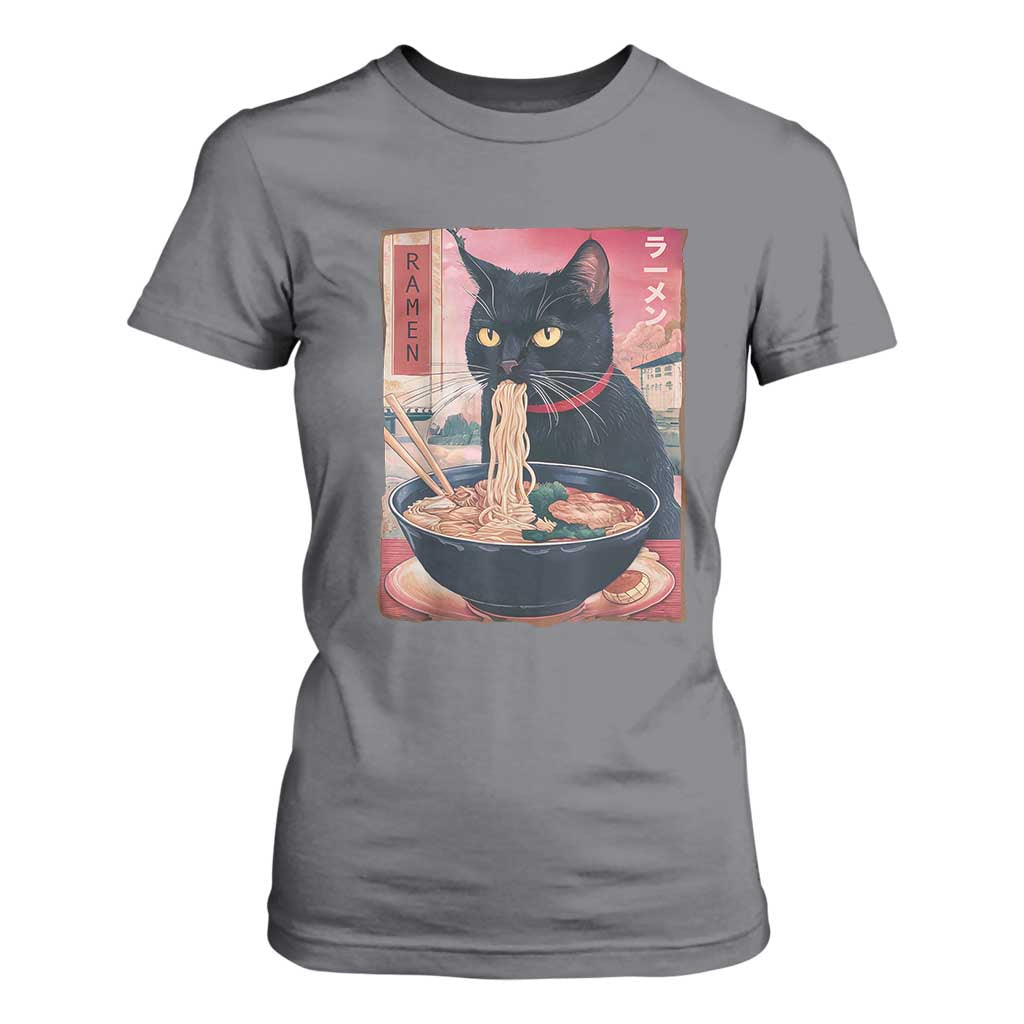 Sarcastic Black Cat Eating Ramen T Shirt For Women Funny Japanese Kawaii Cats Anime Graphic TS02 Charcoal Print Your Wear