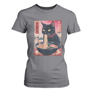 Sarcastic Black Cat Eating Ramen T Shirt For Women Funny Japanese Kawaii Cats Anime Graphic TS02 Charcoal Print Your Wear