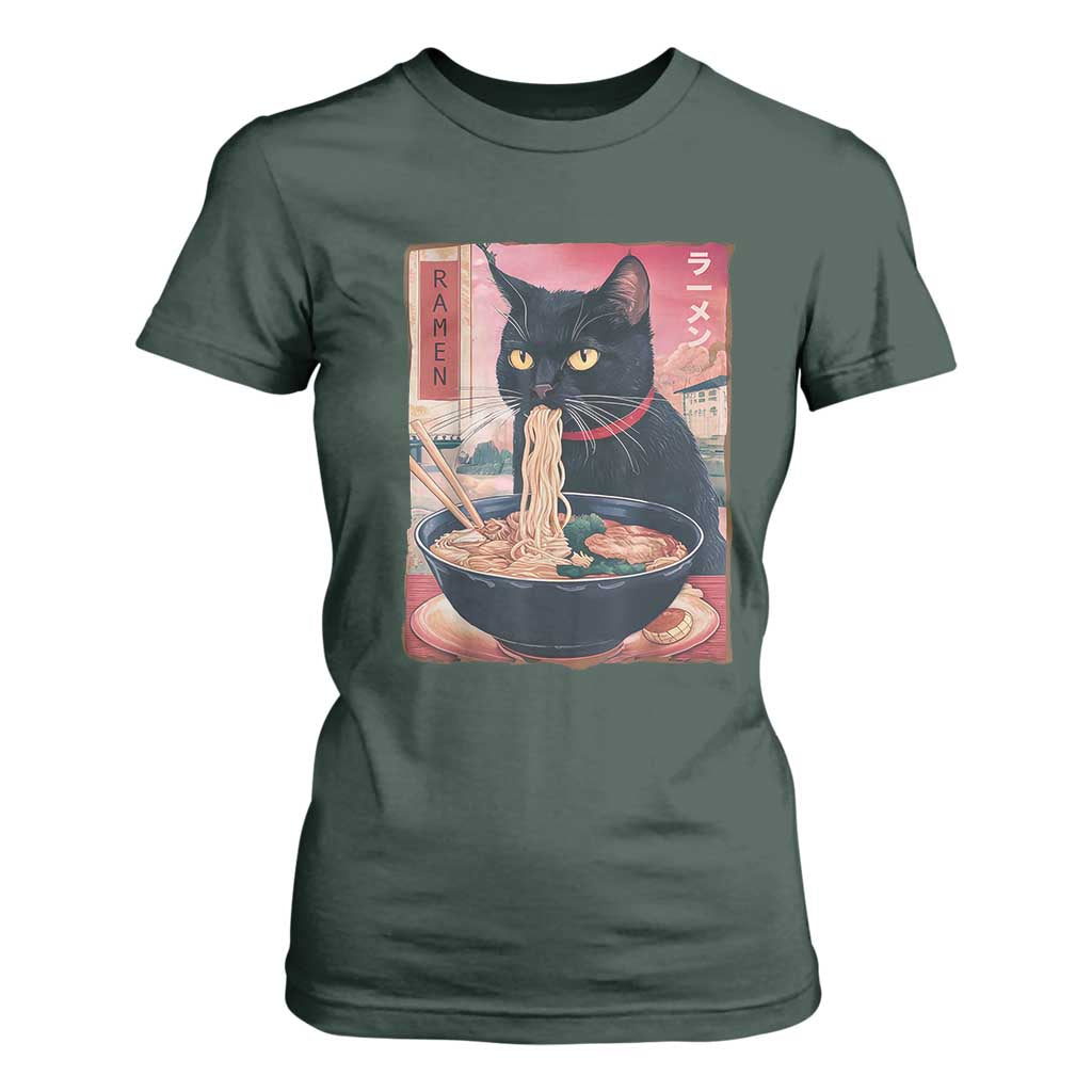 Sarcastic Black Cat Eating Ramen T Shirt For Women Funny Japanese Kawaii Cats Anime Graphic TS02 Dark Forest Green Print Your Wear