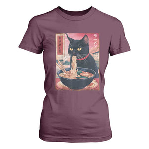 Sarcastic Black Cat Eating Ramen T Shirt For Women Funny Japanese Kawaii Cats Anime Graphic TS02 Maroon Print Your Wear