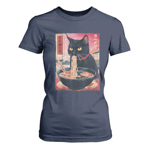 Sarcastic Black Cat Eating Ramen T Shirt For Women Funny Japanese Kawaii Cats Anime Graphic TS02 Navy Print Your Wear