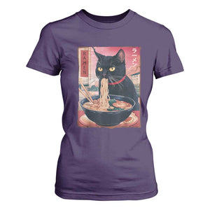 Sarcastic Black Cat Eating Ramen T Shirt For Women Funny Japanese Kawaii Cats Anime Graphic TS02 Purple Print Your Wear