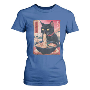 Sarcastic Black Cat Eating Ramen T Shirt For Women Funny Japanese Kawaii Cats Anime Graphic TS02 Royal Blue Print Your Wear