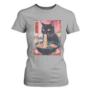 Sarcastic Black Cat Eating Ramen T Shirt For Women Funny Japanese Kawaii Cats Anime Graphic TS02 Sport Gray Print Your Wear