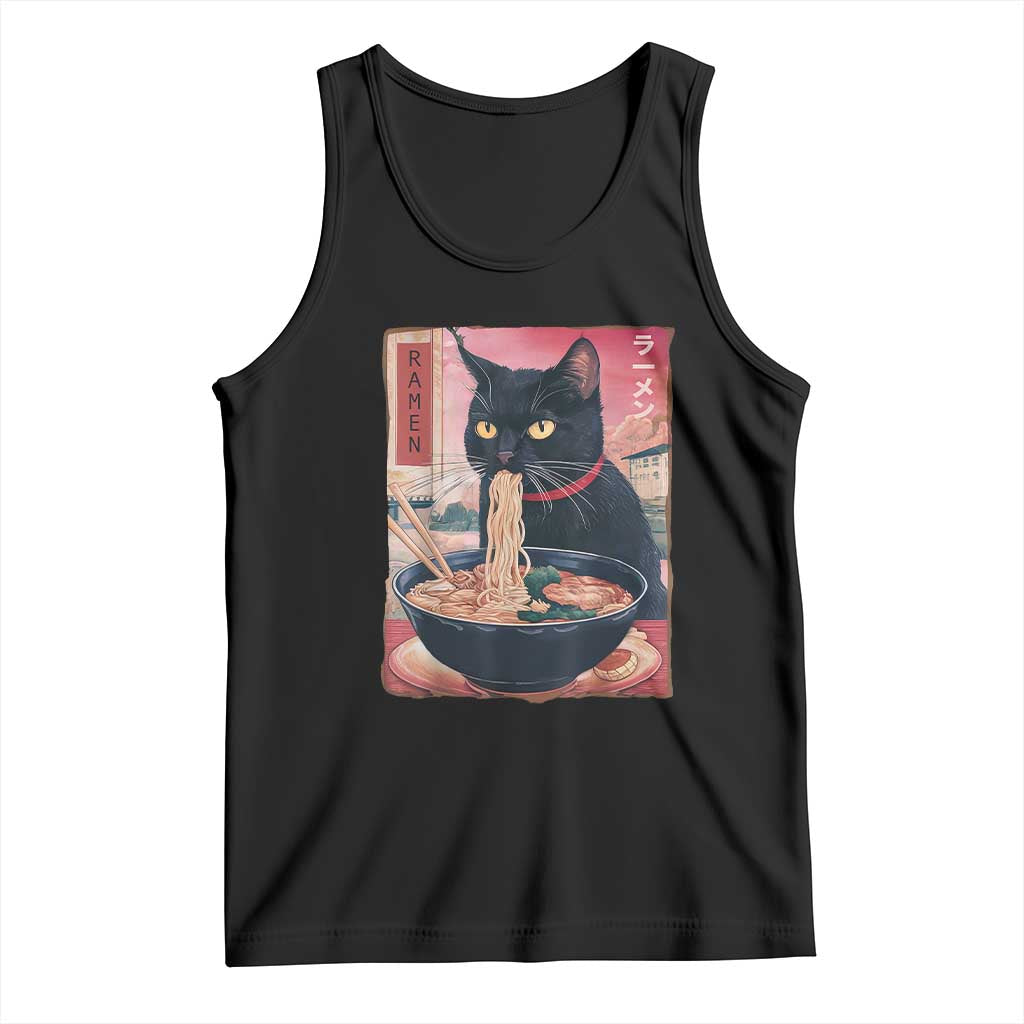 Sarcastic Black Cat Eating Ramen Tank Top Funny Japanese Kawaii Cats Anime Graphic TS02 Black Print Your Wear
