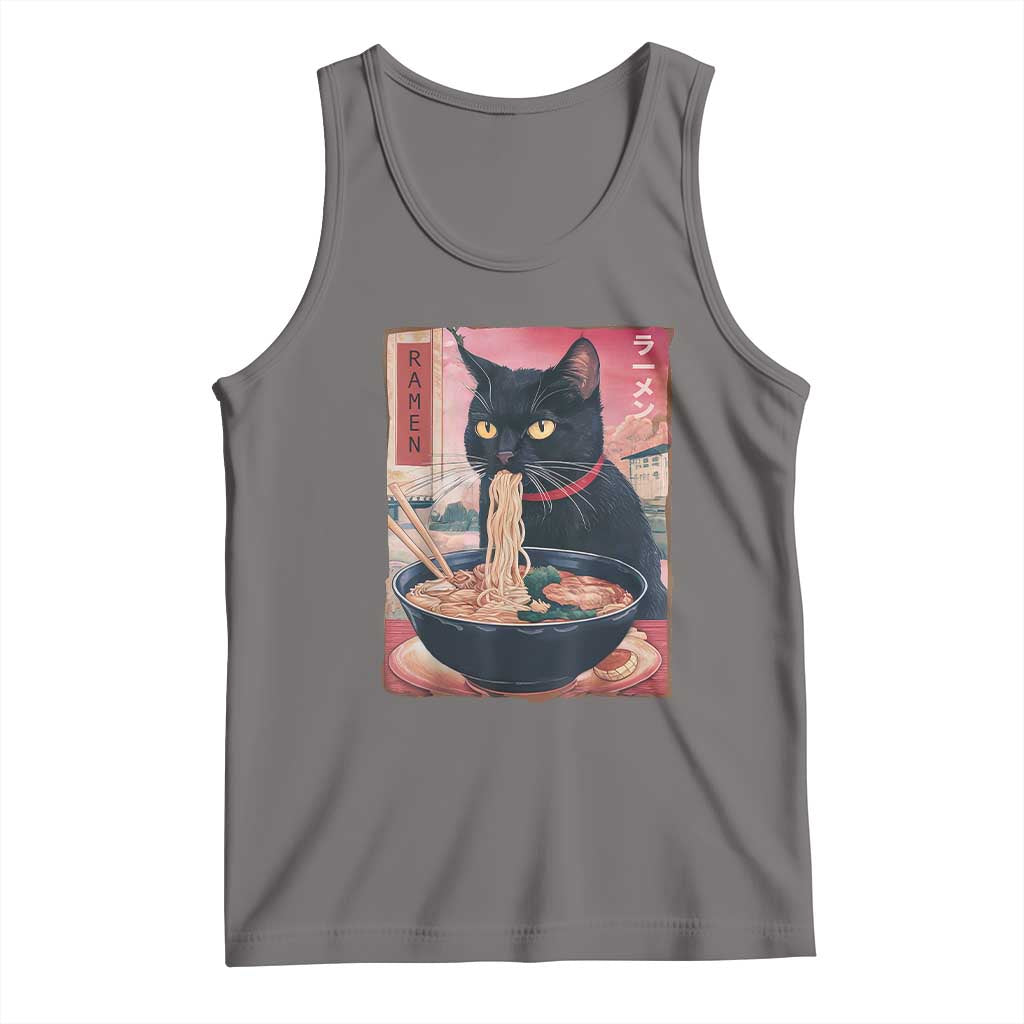 Sarcastic Black Cat Eating Ramen Tank Top Funny Japanese Kawaii Cats Anime Graphic TS02 Deep Heather Print Your Wear