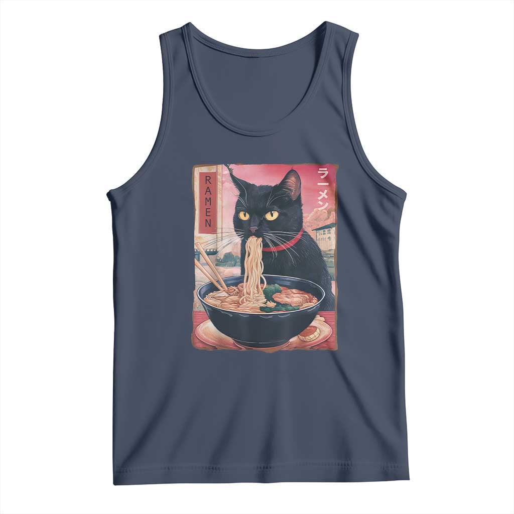 Sarcastic Black Cat Eating Ramen Tank Top Funny Japanese Kawaii Cats Anime Graphic TS02 Navy Print Your Wear