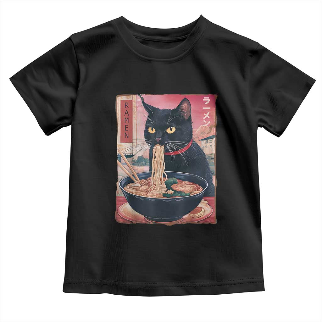 Sarcastic Black Cat Eating Ramen Toddler T Shirt Funny Japanese Kawaii Cats Anime Graphic TS02 Black Print Your Wear
