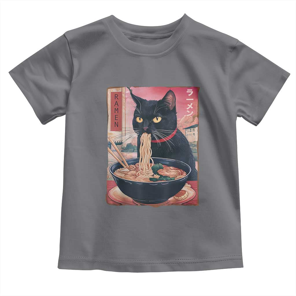 Sarcastic Black Cat Eating Ramen Toddler T Shirt Funny Japanese Kawaii Cats Anime Graphic TS02 Charcoal Print Your Wear