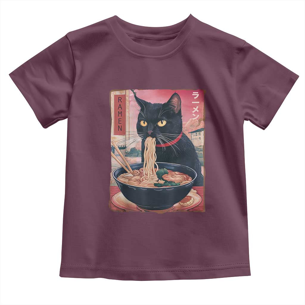 Sarcastic Black Cat Eating Ramen Toddler T Shirt Funny Japanese Kawaii Cats Anime Graphic TS02 Maroon Print Your Wear