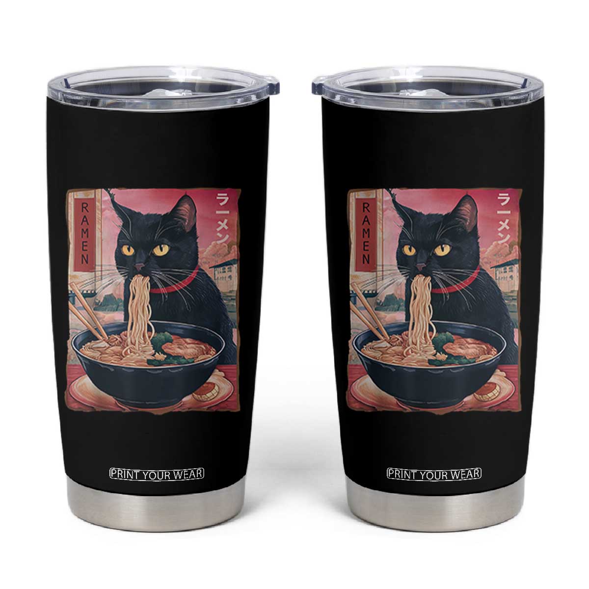 Sarcastic Black Cat Eating Ramen Tumbler Cup Funny Japanese Kawaii Cats Anime Graphic TS02 Black Print Your Wear
