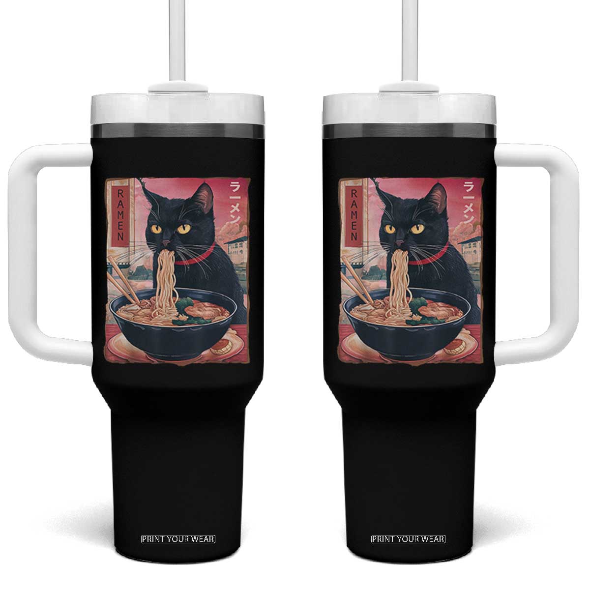 Sarcastic Black Cat Eating Ramen Tumbler With Handle Funny Japanese Kawaii Cats Anime Graphic TS02 One Size: 40 oz Black Print Your Wear
