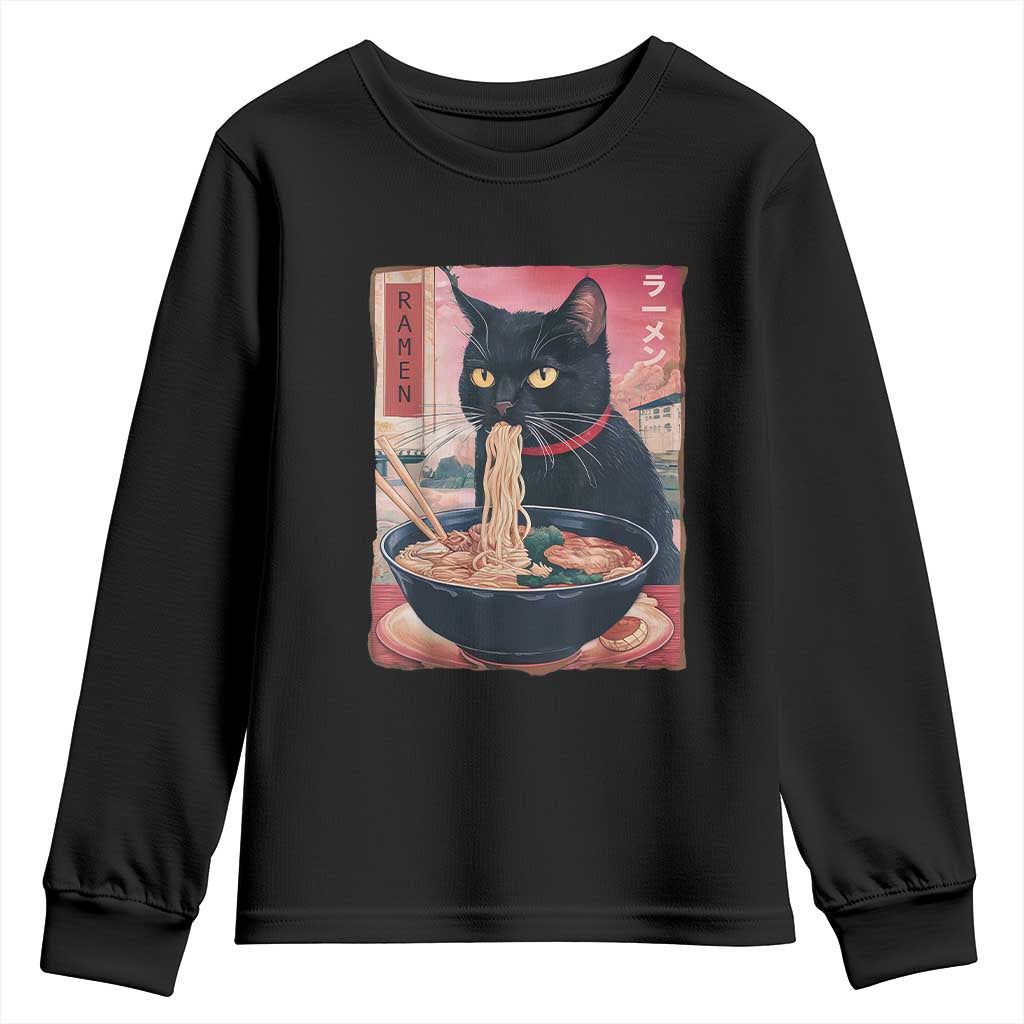 Sarcastic Black Cat Eating Ramen Youth Sweatshirt Funny Japanese Kawaii Cats Anime Graphic TS02 Black Print Your Wear