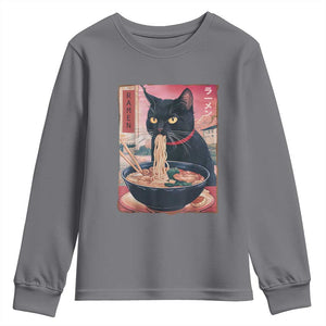 Sarcastic Black Cat Eating Ramen Youth Sweatshirt Funny Japanese Kawaii Cats Anime Graphic TS02 Charcoal Print Your Wear