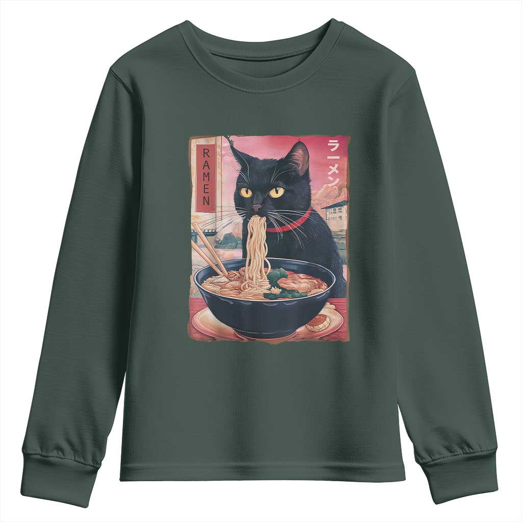 Sarcastic Black Cat Eating Ramen Youth Sweatshirt Funny Japanese Kawaii Cats Anime Graphic TS02 Dark Forest Green Print Your Wear