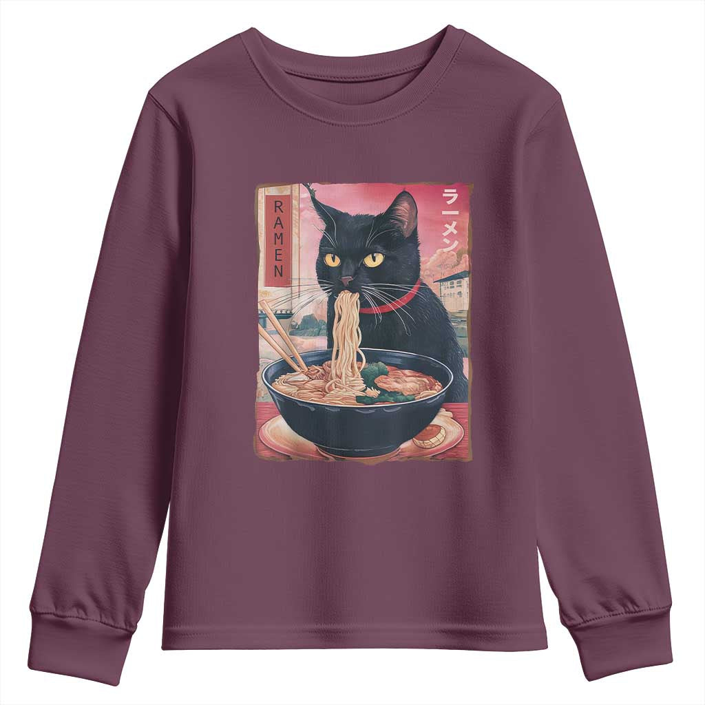 Sarcastic Black Cat Eating Ramen Youth Sweatshirt Funny Japanese Kawaii Cats Anime Graphic TS02 Maroon Print Your Wear