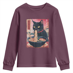 Sarcastic Black Cat Eating Ramen Youth Sweatshirt Funny Japanese Kawaii Cats Anime Graphic TS02 Maroon Print Your Wear