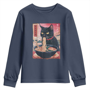 Sarcastic Black Cat Eating Ramen Youth Sweatshirt Funny Japanese Kawaii Cats Anime Graphic TS02 Navy Print Your Wear