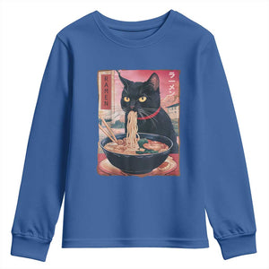 Sarcastic Black Cat Eating Ramen Youth Sweatshirt Funny Japanese Kawaii Cats Anime Graphic TS02 Royal Blue Print Your Wear