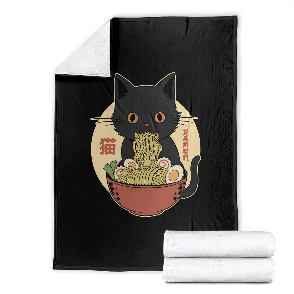 Kawaii Black Cat Eating Ramen Throw Blanket Funny Graphic Japanese Kawaii Anime Inspo TS02 Black Print Your Wear
