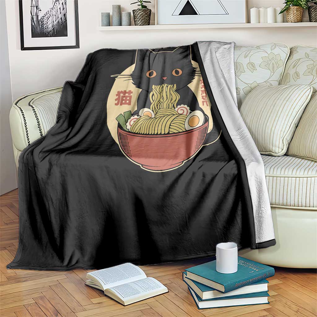 Kawaii Black Cat Eating Ramen Throw Blanket Funny Graphic Japanese Kawaii Anime Inspo TS02 Print Your Wear