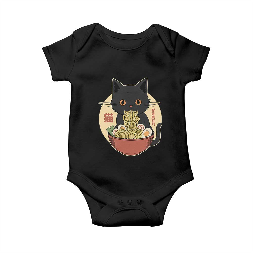 Kawaii Black Cat Eating Ramen Baby Onesie Funny Graphic Japanese Kawaii Anime Inspo TS02 Black Print Your Wear