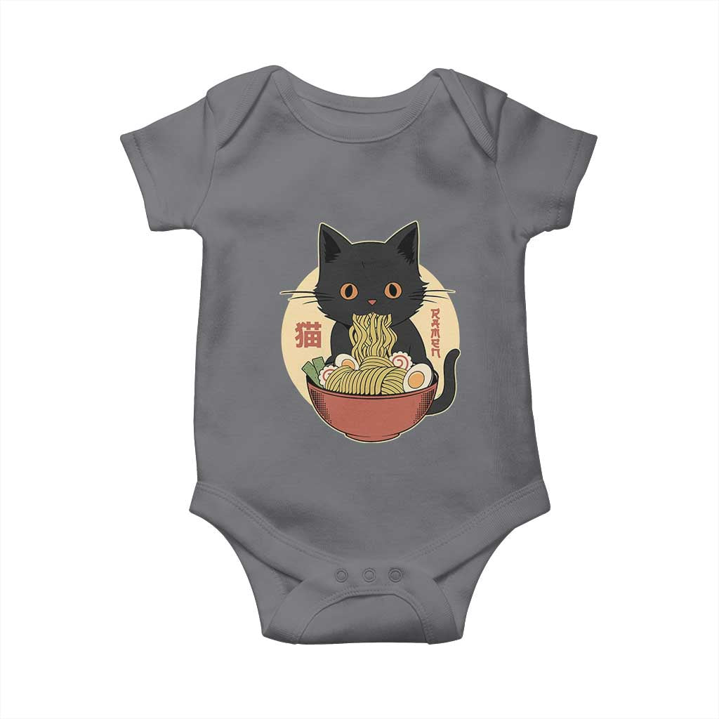 Kawaii Black Cat Eating Ramen Baby Onesie Funny Graphic Japanese Kawaii Anime Inspo TS02 Charcoal Print Your Wear
