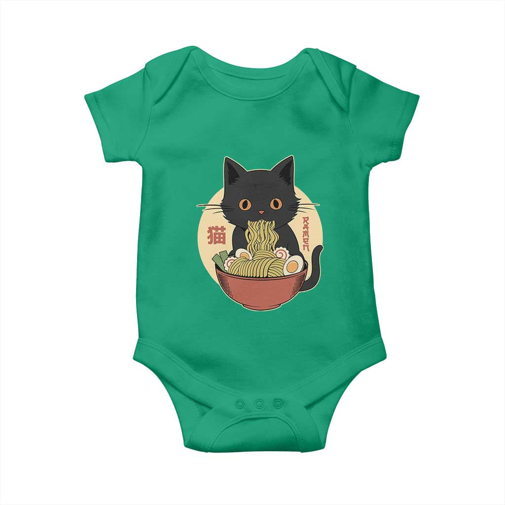 Kawaii Black Cat Eating Ramen Baby Onesie Funny Graphic Japanese Kawaii Anime Inspo TS02 Irish Green Print Your Wear