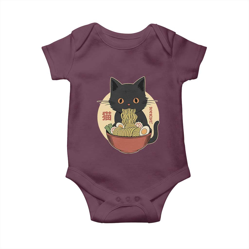 Kawaii Black Cat Eating Ramen Baby Onesie Funny Graphic Japanese Kawaii Anime Inspo TS02 Maroon Print Your Wear