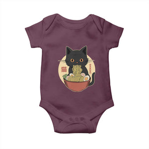 Kawaii Black Cat Eating Ramen Baby Onesie Funny Graphic Japanese Kawaii Anime Inspo TS02 Maroon Print Your Wear