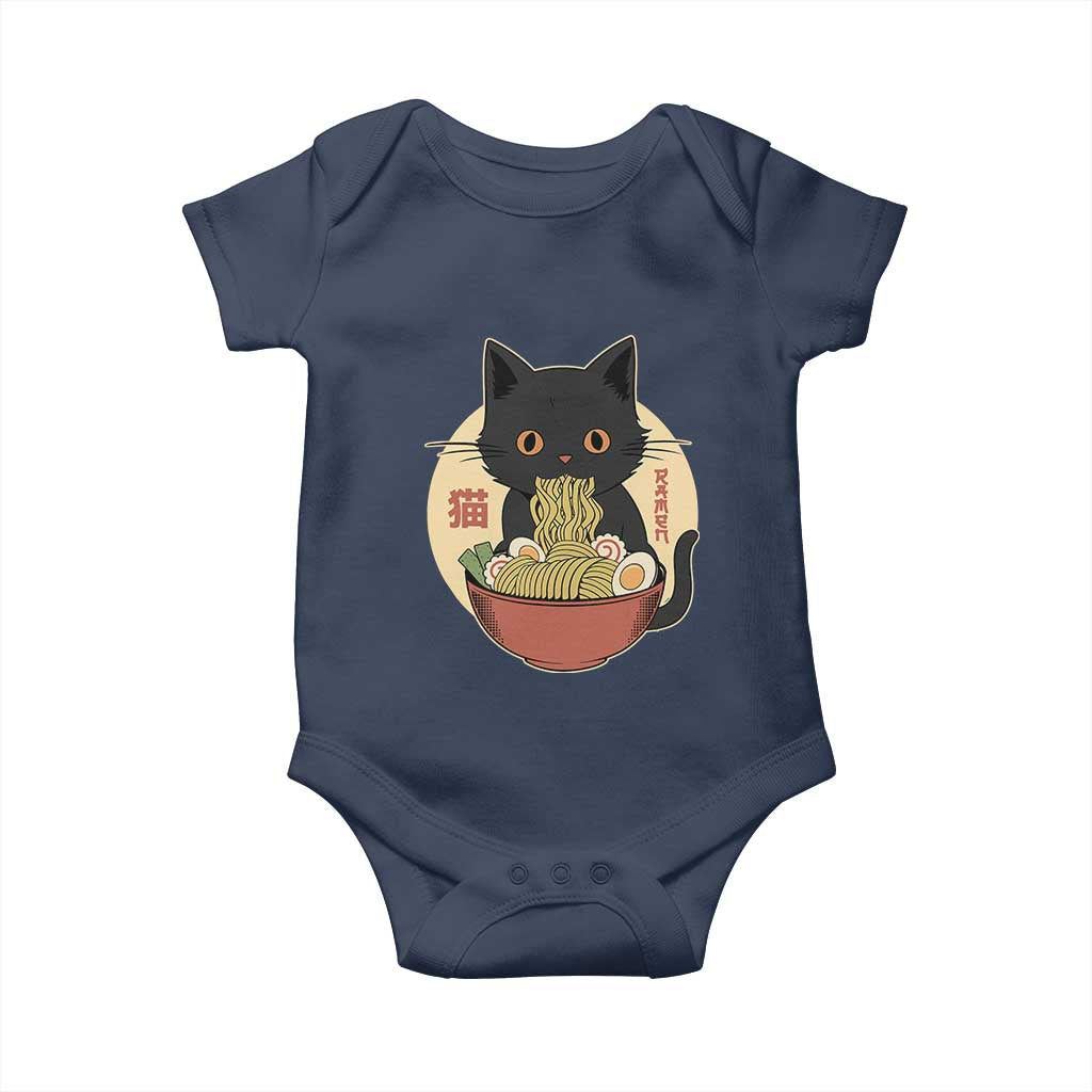 Kawaii Black Cat Eating Ramen Baby Onesie Funny Graphic Japanese Kawaii Anime Inspo TS02 Navy Print Your Wear