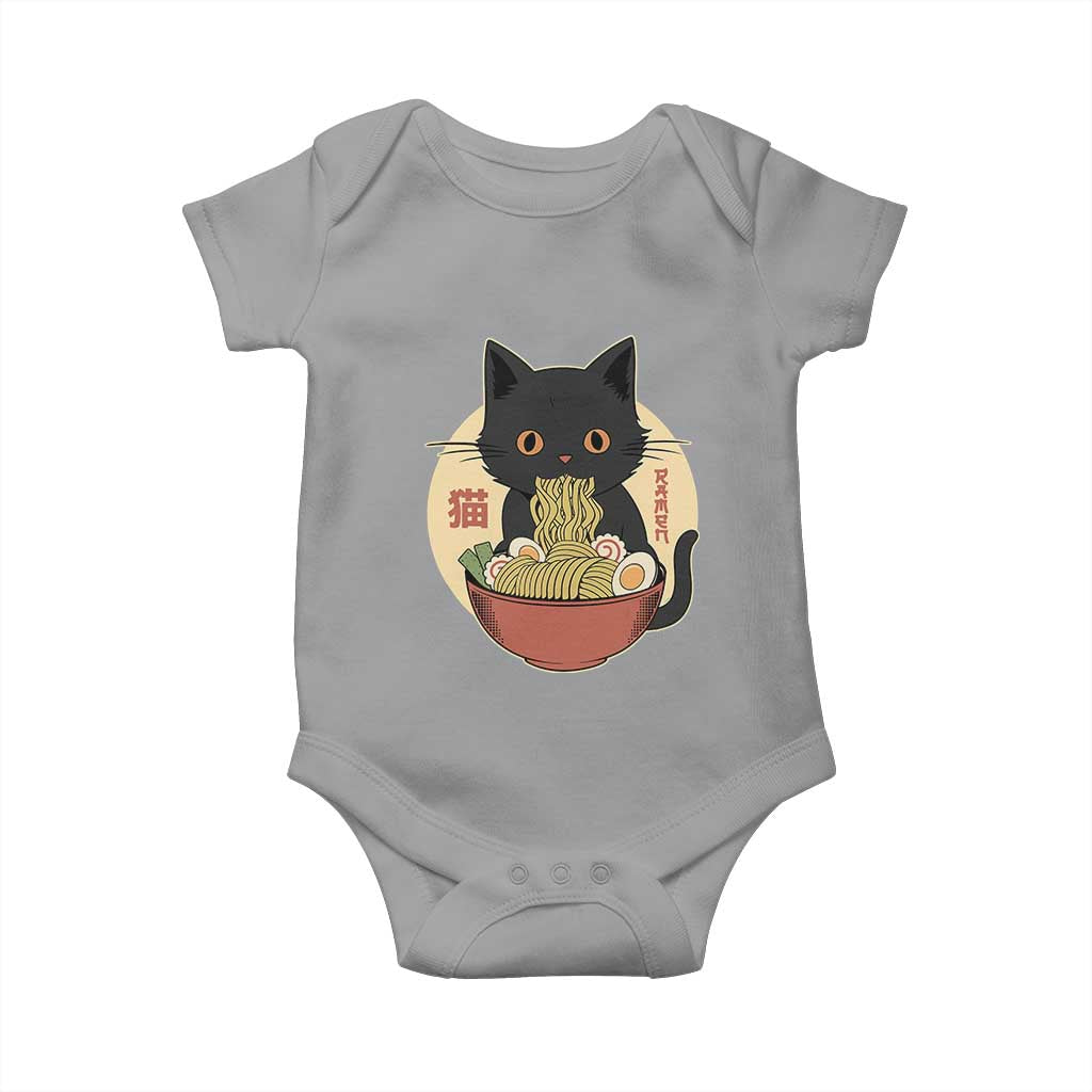 Kawaii Black Cat Eating Ramen Baby Onesie Funny Graphic Japanese Kawaii Anime Inspo TS02 Sport Gray Print Your Wear