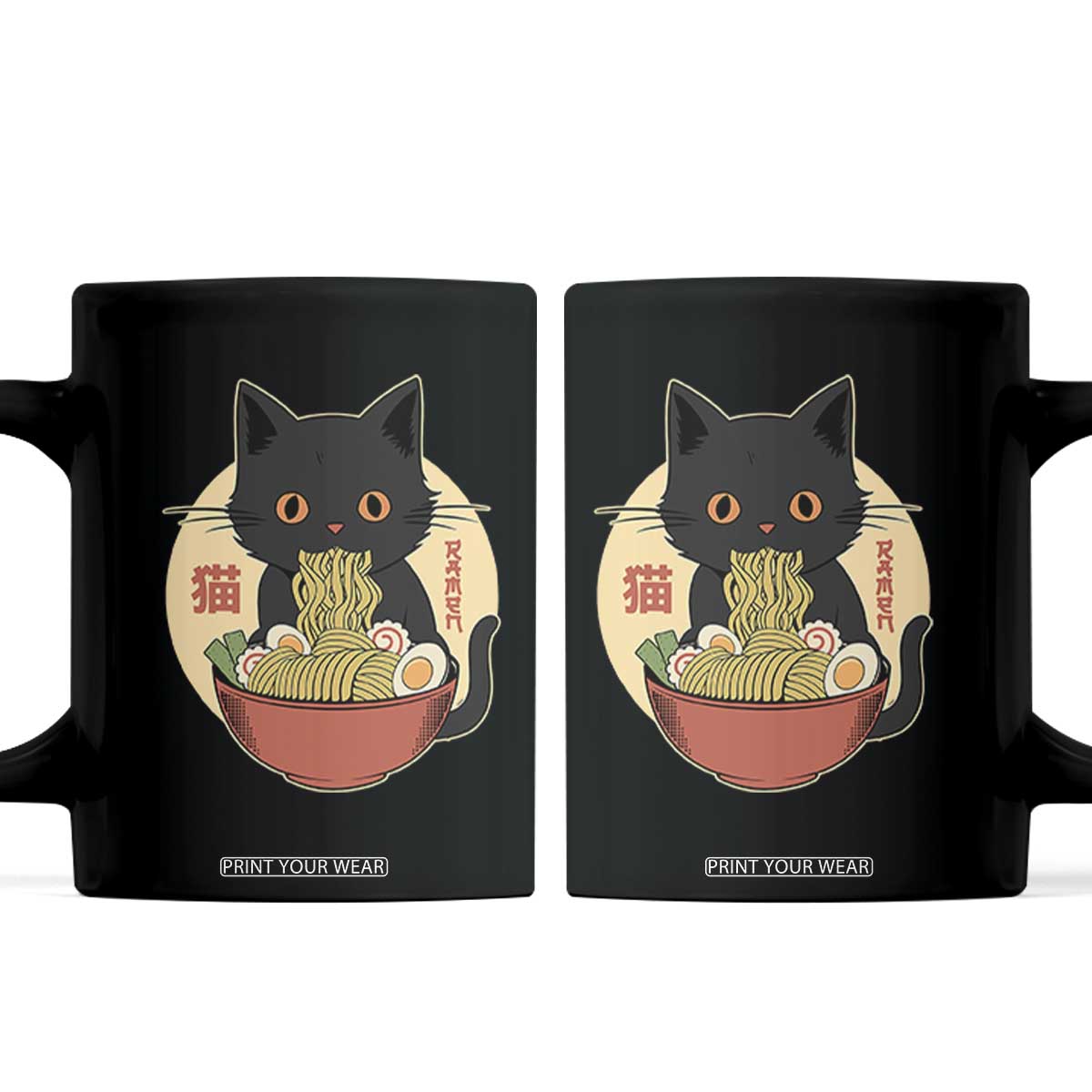 Kawaii Black Cat Eating Ramen Coffee Mug Funny Graphic Japanese Kawaii Anime Inspo TS02 Black Print Your Wear