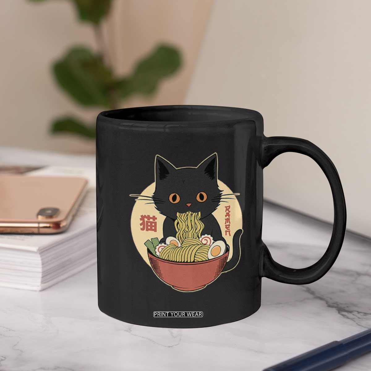 Kawaii Black Cat Eating Ramen Coffee Mug Funny Graphic Japanese Kawaii Anime Inspo TS02 Print Your Wear