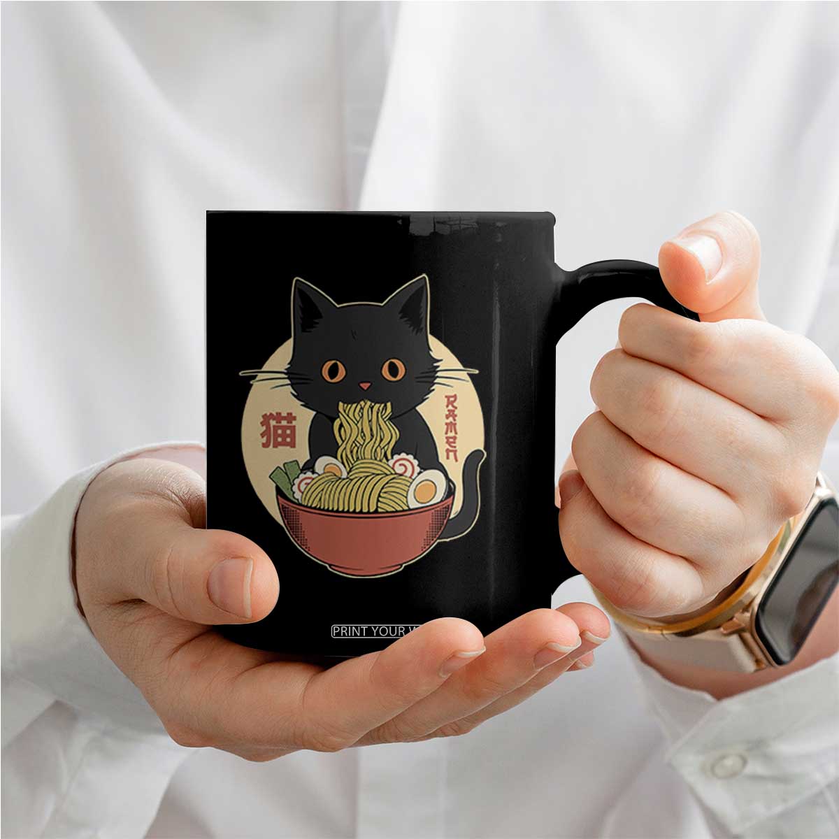 Kawaii Black Cat Eating Ramen Coffee Mug Funny Graphic Japanese Kawaii Anime Inspo TS02 Print Your Wear