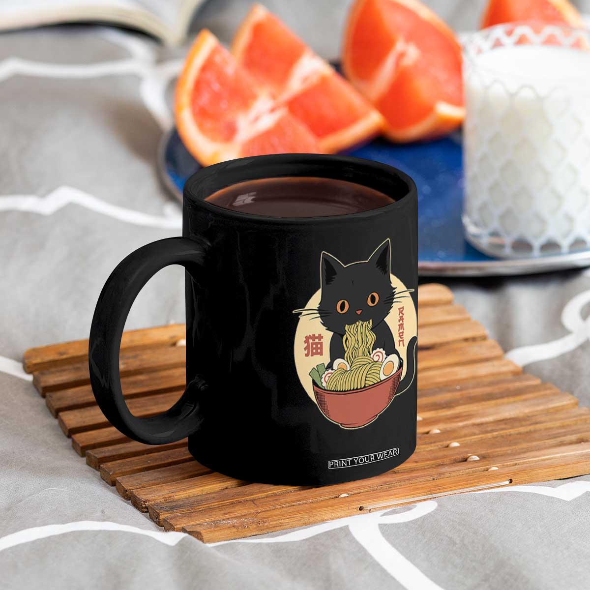 Kawaii Black Cat Eating Ramen Coffee Mug Funny Graphic Japanese Kawaii Anime Inspo TS02 Print Your Wear