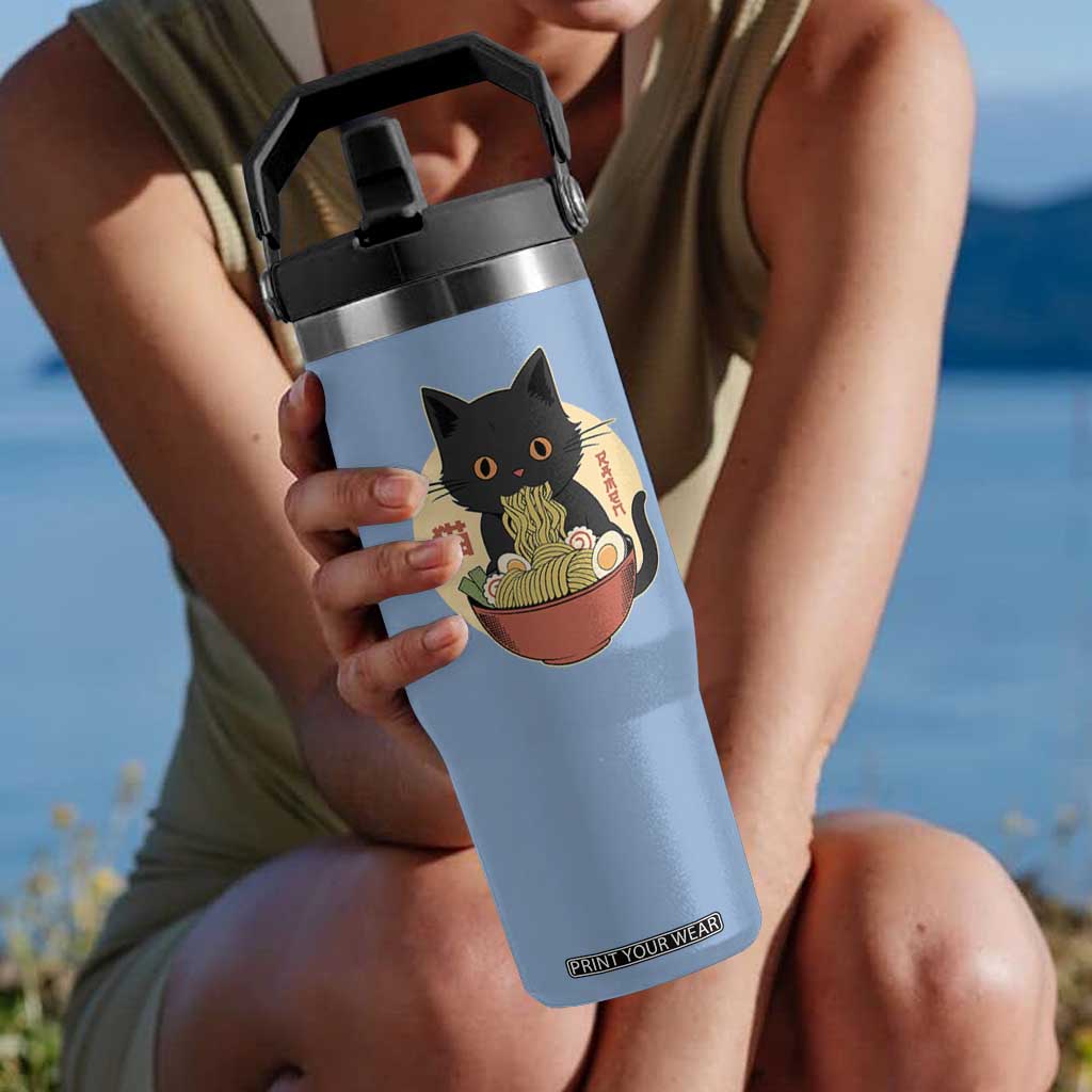 Kawaii Black Cat Eating Ramen Flip Straw Tumbler Funny Graphic Japanese Kawaii Anime Inspo TS02 One Size: 30 oz Light Blue Print Your Wear