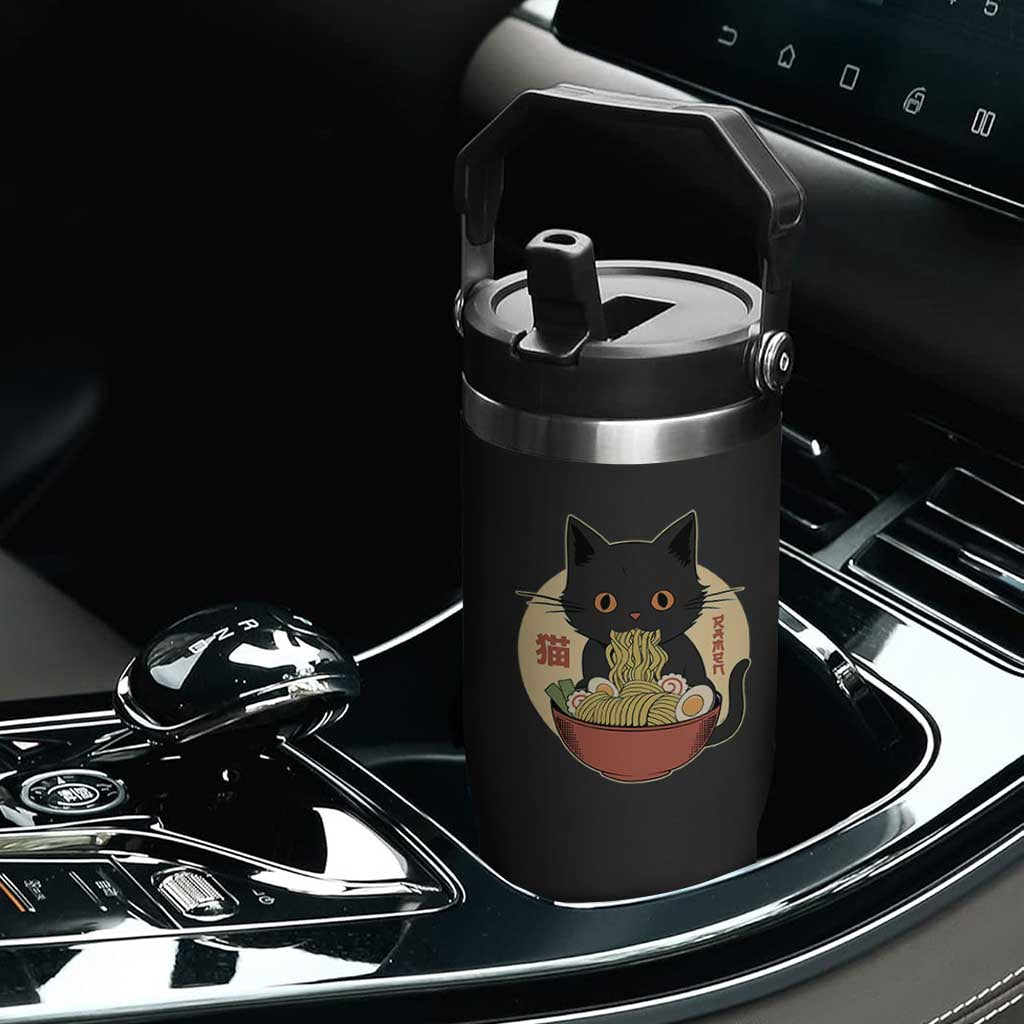Kawaii Black Cat Eating Ramen Flip Straw Tumbler Funny Graphic Japanese Kawaii Anime Inspo TS02 Print Your Wear
