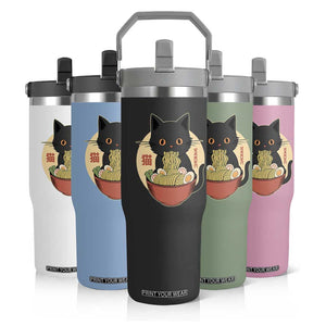 Kawaii Black Cat Eating Ramen Flip Straw Tumbler Funny Graphic Japanese Kawaii Anime Inspo TS02 Print Your Wear