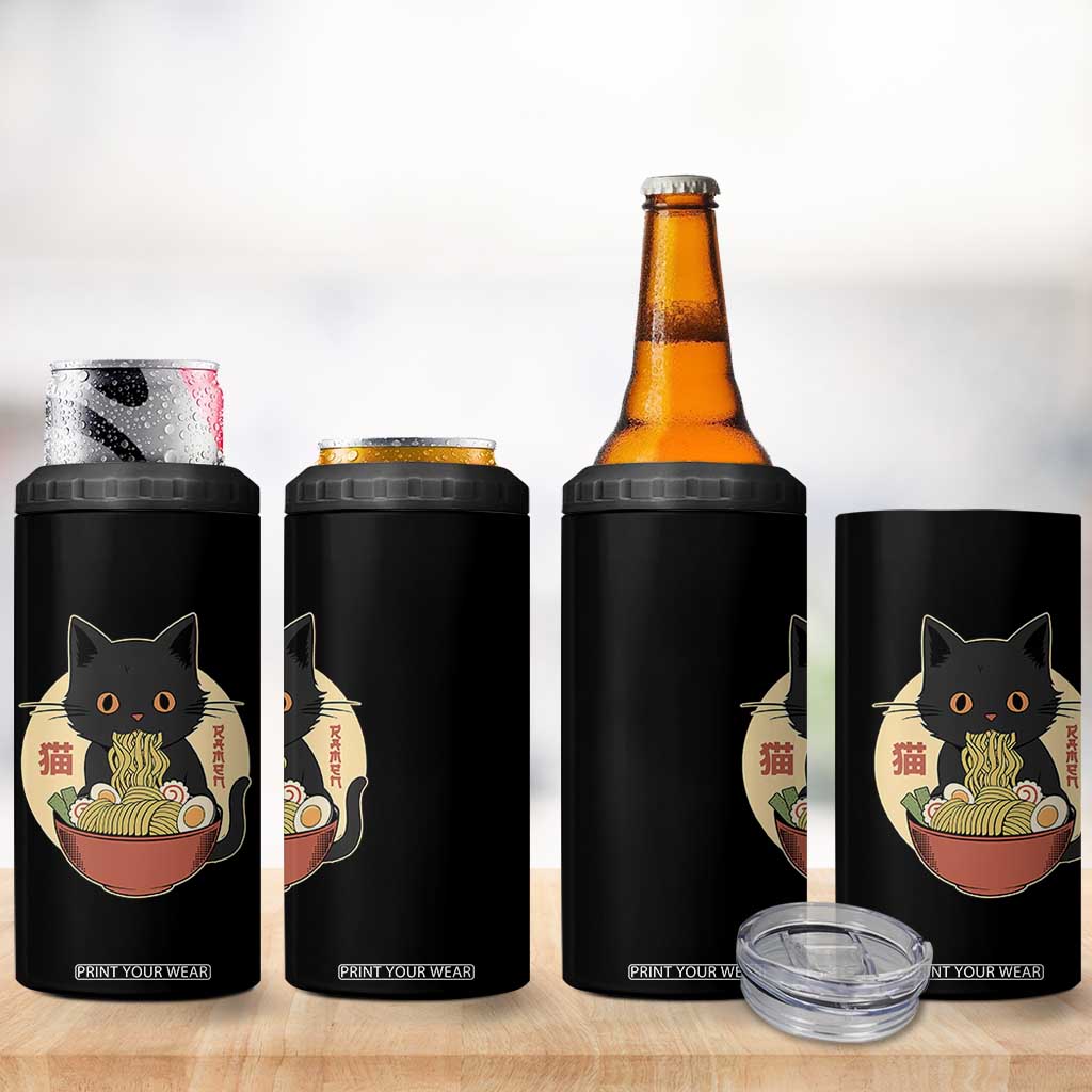 Kawaii Black Cat Eating Ramen 4 in 1 Can Cooler Tumbler Funny Graphic Japanese Kawaii Anime Inspo TS02 Print Your Wear