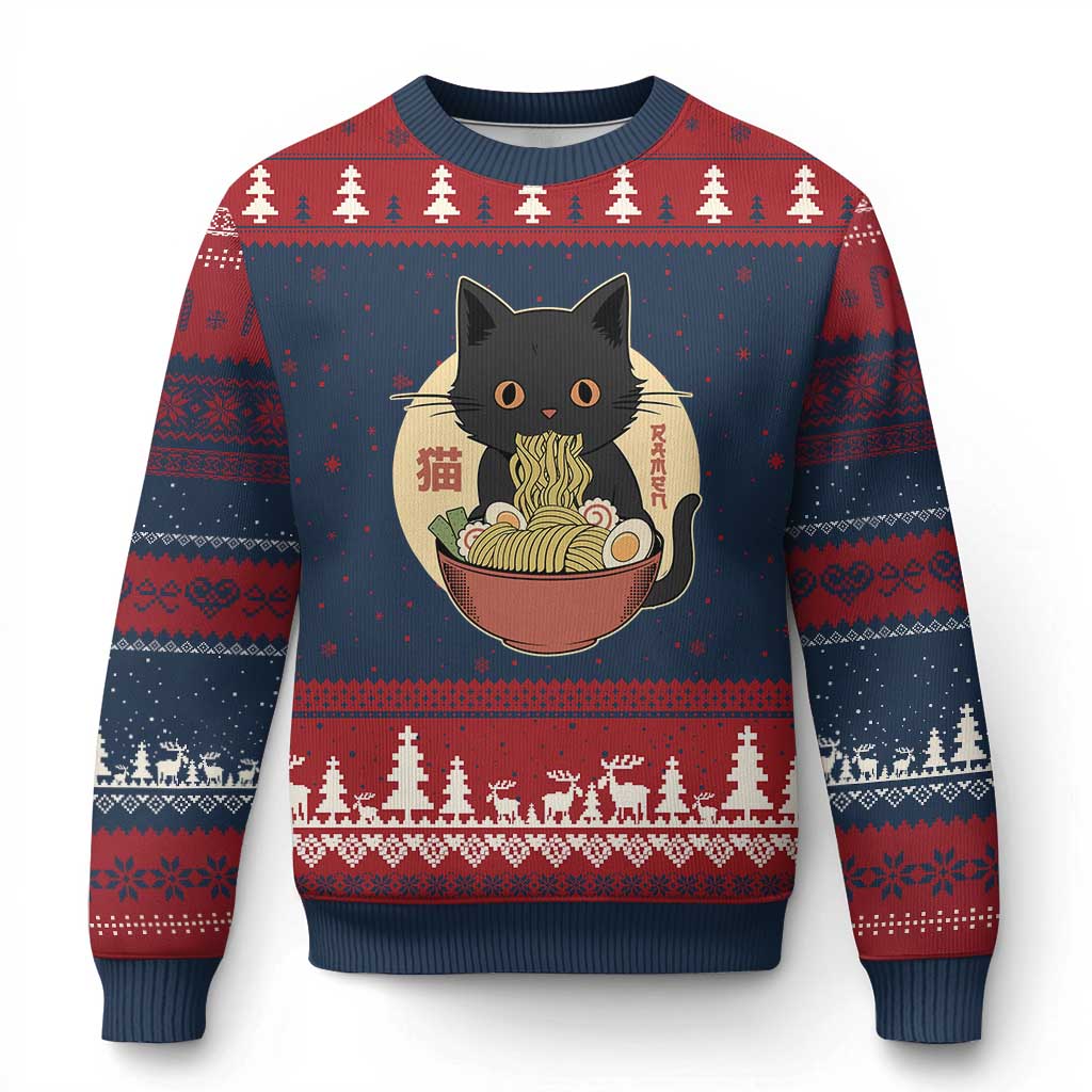 Kawaii Black Cat Eating Ramen Ugly Christmas Sweater Funny Graphic Japanese Kawaii Anime Inspo TS02 Navy Red Print Your Wear