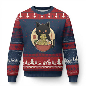 Kawaii Black Cat Eating Ramen Ugly Christmas Sweater Funny Graphic Japanese Kawaii Anime Inspo TS02 Navy Red Print Your Wear