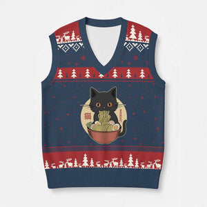 Kawaii Black Cat Eating Ramen V-Neck Knit Sweater Vest Funny Graphic Japanese Kawaii Anime Inspo TS02 Navy Red Print Your Wear