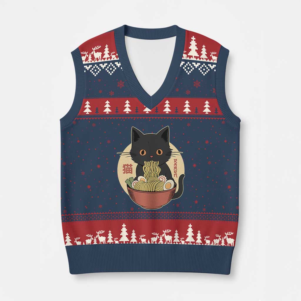 Kawaii Black Cat Eating Ramen V-Neck Knit Sweater Vest Funny Graphic Japanese Kawaii Anime Inspo TS02 Navy Red Print Your Wear